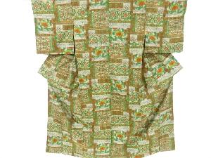 アンティーク　花更紗模様織り出し手織り紬着物